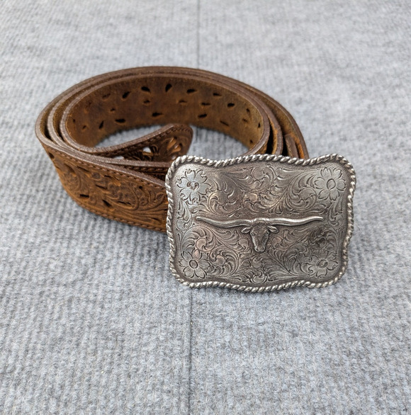 Tony Lama Accessories - Tony Lama Tooled Leather Belt Nocona Buckle Womens 38 Brown Silver Tone Bull